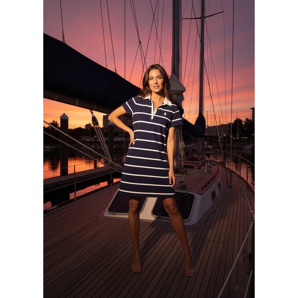 Vintage Ralph Lauren Active Nautical Dress Size XL Blue Striped Short Sleeve